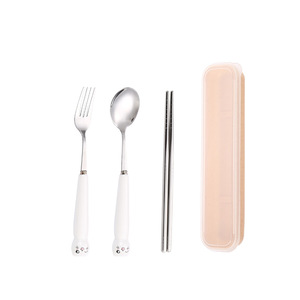 Stainless Steel Cutlery <b>Set</b> With Ceramic Handles Chopsticks <b>Spoon</b> <b>Fork</b> Portable Travel Student Kit Rectangular Storage Box - Product Image 5
