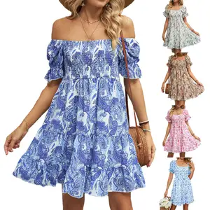 Ruffle Tắt Vai Mùa Hè Ăn Mặc Phụ Nữ Ren Lên Màu Vàng Hoa In Mùa Xuân Dài Tay Áo Voan Casual Dresses Phụ Nữ