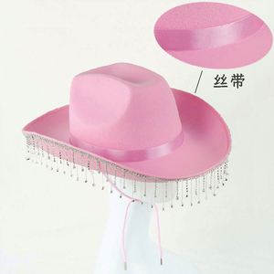 Hot Sale Western Style Cowgirl Hats Bridegroom and Bride Cowboy Hat for Party Rhinestone Cowboy Hat <b>Pink</b> - Product Image 4