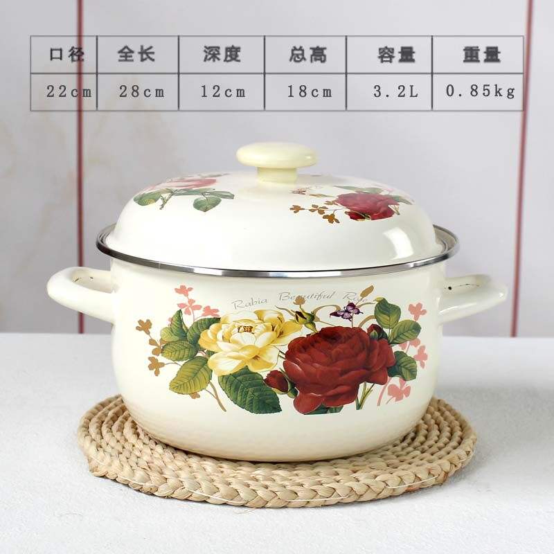 Bassin émaillé à motif rose de 22 cm avec double poignée.