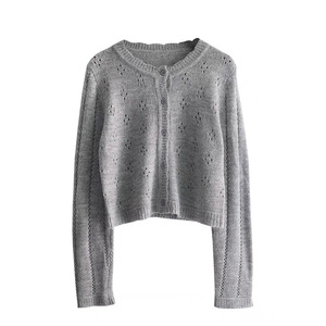 Cárdigan de Punto Gris para Mujer, Color Sólido, Algodón, Estilo Vintage, Calado, Suéter, Abrigo, Manga Larga, Estilo Retro - Product Image 1