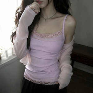 Sweet Mint Green Breathable Eco-Friendly Garment Dyed Patchwork Lace Trim Sleeveless Knit Backless Sexy Women's Spaghetti Front - Product Image 5