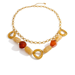 Collar de acero inoxidable chapado en oro con cuentas de resina ámbar, colgante de corazón y sol para mujer, cadena de suéter a la moda - Product Image 5