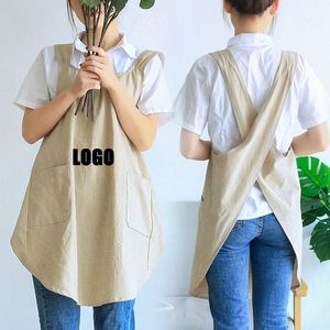 Nouvel article : Tablier en lin tendance de style japonais, taille personnalisée, tabliers croisés au dos pour femmes avec 2 poches - Product Image 1