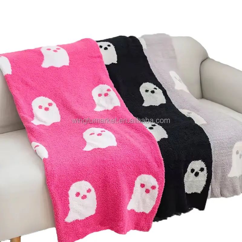 Couverture douce en peluche Halloween double face polaire tricotée fantôme impression réversible flanelle jacquard fantômes couvertures à motifs jetés