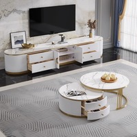 Ensemble table basse ronde et meuble TV en marbre et bois, style moderne et luxueux, avec tiroirs, pour salon ou salle à manger, design de meubles pour la maison
