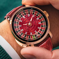 Montre mécanique automatique OEM ODM Roulette avec cadran rotatif de casino, cristaux baguette rouges, logo personnalisé, bracelet en acier inoxydable et cuir