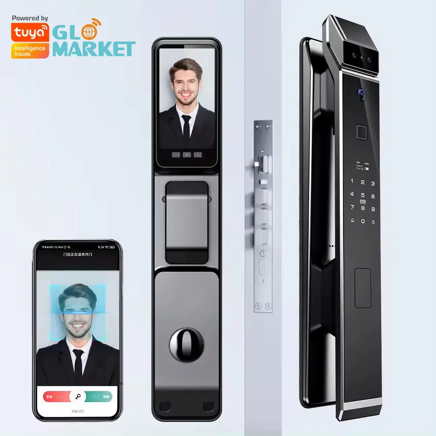 Glomket kunci pintu biometrik, kunci pintar sidik jari biometrik 3d pengenalan wajah, kunci pintu cerdas, kunci gerbang otomatis elektrik Aluminium Wifi
