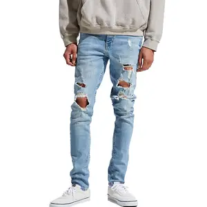 Groothandel Heren Jeans Zwart Slim Fit Mid-Rise Destructed Skinny Denim Jeans Fabrikanten China