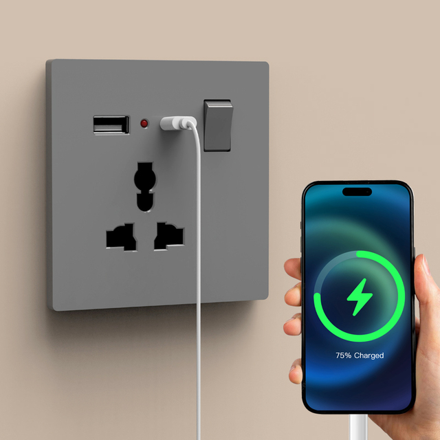 KSQ Factory Price British Standard 13A 250V Ultra-Thin Gray Flame Retardant PC Panel Wall Switch Socket with USB Ports