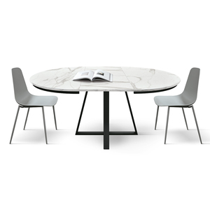 Pamela <b>Round</b> Extendable Dining <b>Table</b> 120-170 Cm <b>White</b> Statuary Marble Top Metal Base Indoor Use - Product Image 4