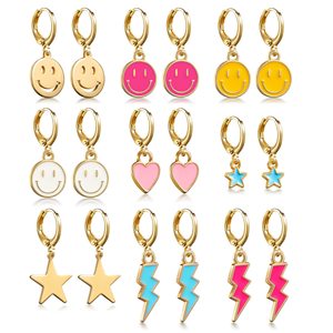 Pendientes de <span class=keywords><strong>Aro</strong></span> Huggie de Moda Chapados en Oro con Esmalte de Estrella Sonriente y Corazón, Lindos para Niñas, Gran Venta - Product Image 1
