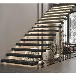 Barandilla de cable de escalera moderna de lujo, luz led flotante, recta, peldaños de madera, escalera interior