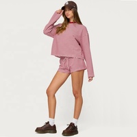 Vente en gros Nouveau design personnalisé couleur logo surdimensionné à manches longues t-shirt short 2 pièces ensemble survêtement femmes à rayures shorts survêtements