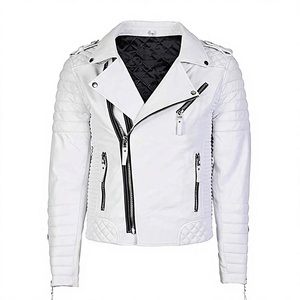 Blouson moto en PU blanc pour homme, coupe ajustée, col rabattu, fermeture éclair, design matelassé, manches classiques, vêtement d'automne - Product Image 1