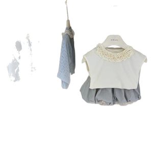 Girls Two Piece Set Off White Lace Top Gray Lantern Pants Cotton Spring Summer Outfit - Product Image 5