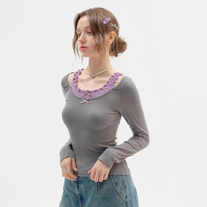 Camiseta de <span class=keywords><strong>moda</strong></span> para <span class=keywords><strong>mujer</strong></span>, cuello cuadrado, lazo Delgado, coqueta, diseño sin espalda, ropa de punto para otoño, flaco sólido - Product Image 3