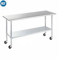 Table de travail commerciale en acier inoxydable NSF, bord arrondi, table de préparation mobile avec roulettes, établi robuste à deux niveaux pour boulangerie
