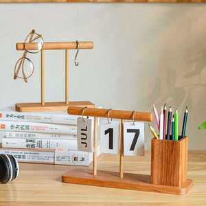 Solid Wood Multi Functional Pen Holder With Flip <b>Calendar</b> Desk Organizer Office Stationery Storage Square Shape Rubber Wood - Product Image 5