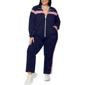 Ensemble de survêtement 2 pièces pour femmes FOXA, taille plus, veste zippée, pantalon de survêtement, couleurs contrastées, bande latérale, vêtements décontractés - Product Image 1