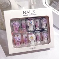 Набор накладных ногтей OUKE Coffin Press on Nails: лавандовый градиент, цветы, банты, бабочки, стразы, цепочки. Мягкие, женственные, многоразовые искусственные ногти.