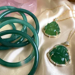 Wholesale Chinese Jade Bangle For Women Natural Stone Real Green Jade Bracelet Bangles Buddha Necklace Jewelry Set