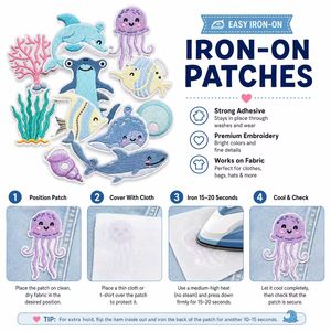 Parches Bordados Termoadhesivos y para Coser de Vida Marina Kawaii: Tiburón, Delfín, Tortuga, Narval, Ballena, Medusa, Pez - Product Image 2