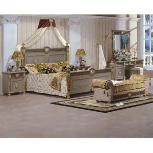 Luxury antique sliver color wood classic bedroom furniture with brass decoration