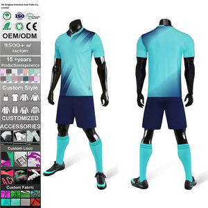 Maillots de football de club bleu et blanc de haute qualité avec logo imprimé par transfert thermique personnalisé, respirants, à séchage rapide, en polyester/coton, manches courtes - Product Image 1