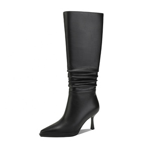 Bottes hautes noires froncées à <span class=keywords><strong>talon</strong></span> aiguille et bout pointu <span class=keywords><strong>pour</strong></span> femme Moncheer, avec fermeture éclair, rehaussantes, <span class=keywords><strong>pour</strong></span> l'été, l'hiver et l'automne - Product Image 3