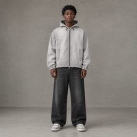 Veste à capuche en denim gris délavé 100% coton, coupe oversize pour l'hiver, avec fermeture éclair intégrale et ourlet à cordon pour le streetwear