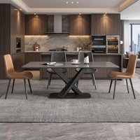 Table à manger rectangulaire en marbre de luxe moderne avec pieds en acier inoxydable noir en forme de X pour villa, mobilier de salle à manger haut de gamme