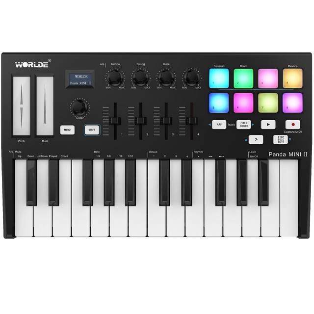 WORLDE Mini II Portable 25-Key USB MIDI Keyboard Controller 8 RGB Backlit Pads 4 Assignable Knobs PANDAMINI II(MIDI Controller)