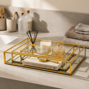 Modern Gold Plated Glass Decorative Tray Rectangle Shape <b>For</b> Bathroom Organization Home Decor - Product Image 1