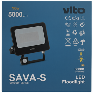 Vito 50W 5000lm <b>LED</b> Outdoor Floodlight PIR <b>Sensor</b> 6000K Cold <b>Light</b> - Product Image 3