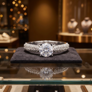 Bague de fiançailles classique en or 14 carats plaqué rhodium, diamant naturel solitaire, triple rangée d'accentuations en diamant pavé, éclat radieux - Product Image 3