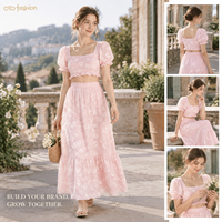 Ensemble deux pièces rose floral pour femme, col carré, manches bouffantes, jupe longue, romantique, personnalisable, OEM, marque privée