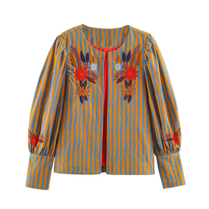 Camisa Vintage Personalizada 2026 para Mujer, con Bordado Floral a Rayas, Blusa de Manga Larga con Corte Holgado y Costuras Delicadas, OEM/ODM - Product Image 1