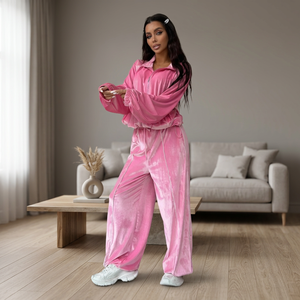 Ensemble de survêtement en velours rose pour femme, haut zippé à manches longues, pantalon large, coupe ample, toutes saisons, couleur unie, tenue décontractée et sportive - Product Image 1
