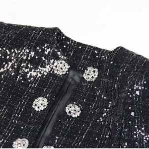 2025 <span class=keywords><strong>vestiti</strong></span> da donna alla moda Blazer nero a due pezzi con bottoni di strass con paillettes giacca a maniche lunghe e minigonna di Tweed Set - Product Image 6