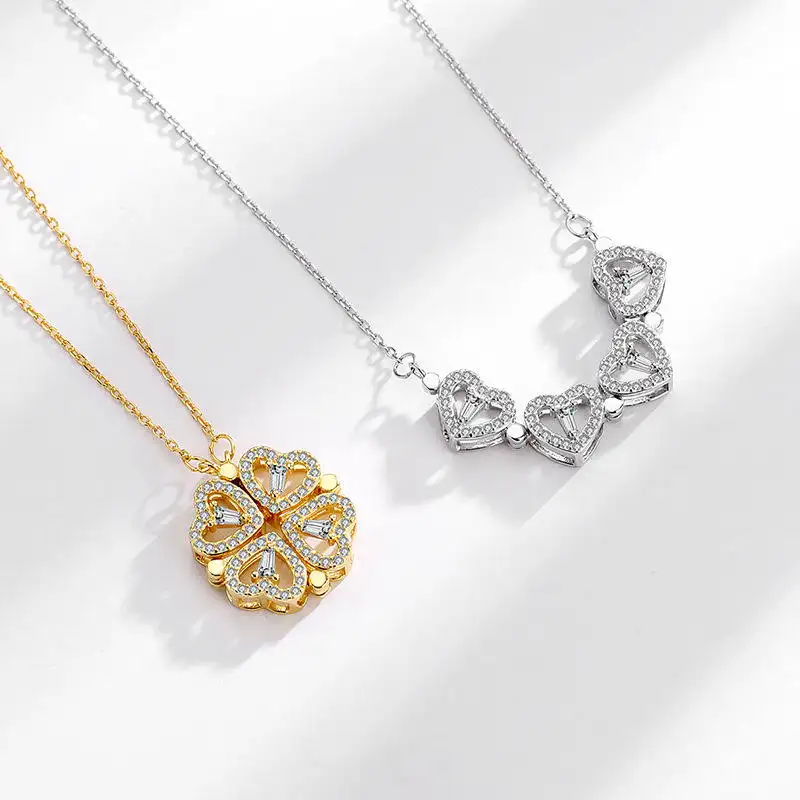 New Necklace Design Jewelry Stainless Crystal 4 Leaf Four Clover Heart Cyrstal Pendant Necklace