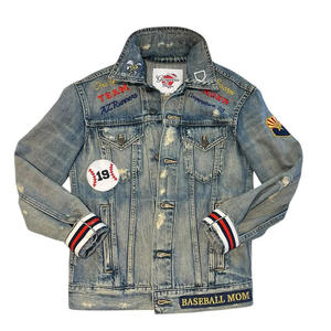 Vente en gros d'usine de vestes personnalisées de créateurs pour hommes veste en denim extensible de conception de patchs en chenille brodés en détresse - Product Image 1