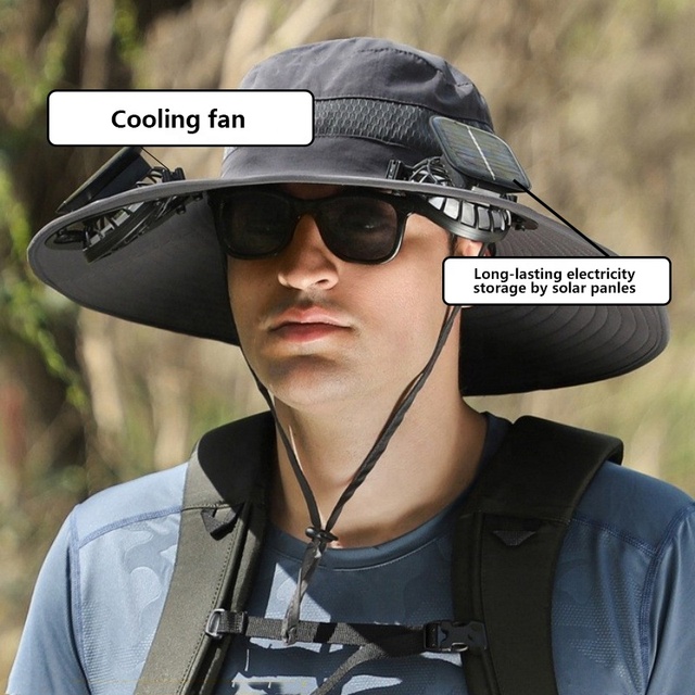 Men's Custom Logo Outdoor Dry Fit Mesh Hat Fan Waterproof Sunscreen for Hiking Fishing Fashionable Solar Powered Cap for Casual