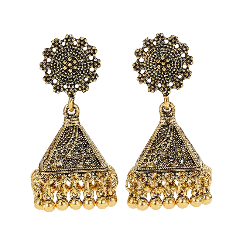 Antique Indian Jhumka Earrings - Oxidized Bell Dangle Drop Hoop Statement Jewelry