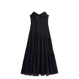 Vestido maxi negro sin mangas para mujer, cuello corazón, con volantes, corte en A, casual, de verano, de gasa, holgado, color liso, largo hasta el suelo - Product Image 1