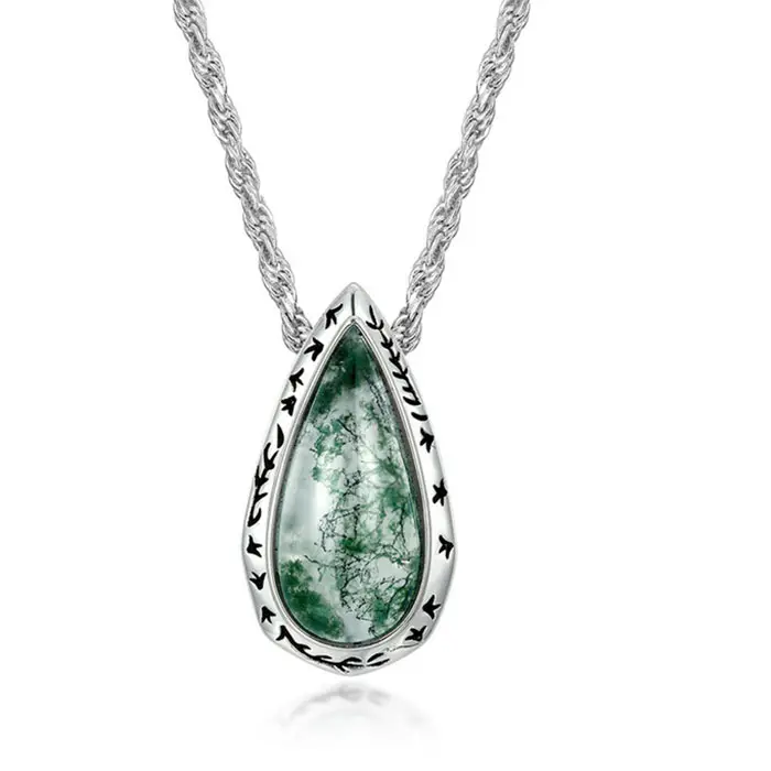 Collar de piedras preciosas verdes de ágata de musgo genuino con corazón de pera Natural, collar de piedra Natural de Plata de Ley 925 para mujer