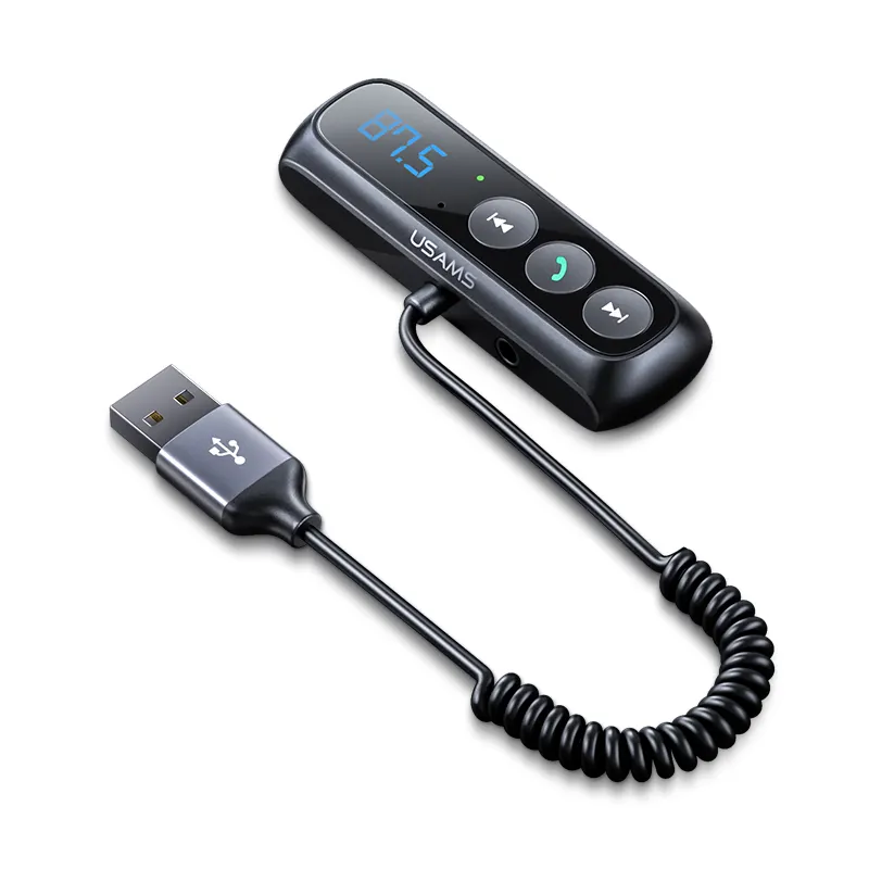 Transmissor fm usams bt5.0, transmissor com cabo de mola elástico, sem fio, receptor de áudio para carro com display digital