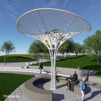 Sculpture d'arbre en métal coloré ajourée et perforée Vincentaa avec abri intégré et sièges intégrés pour place publique et parc
