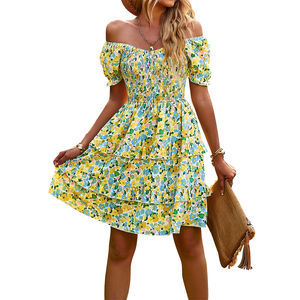 Vestido Corto Informal de Verano con Estampado Floral, Cintura Imperio, Hombros Descubiertos, Estilo Línea A, Hecho a Mano - Product Image 1