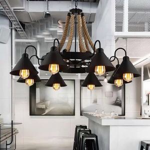 Lámpara Colgante de Estilo Industrial de Hierro Forjado con Cuerda de Cáñamo y Altura Ajustable para Tiendas de Ropa, Barberías y Restaurantes - Product Image 4